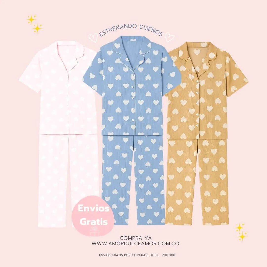Banner con tres nuevos diseños de pijamas con corazones y beneficios como envíos gratis y pago en cuotas